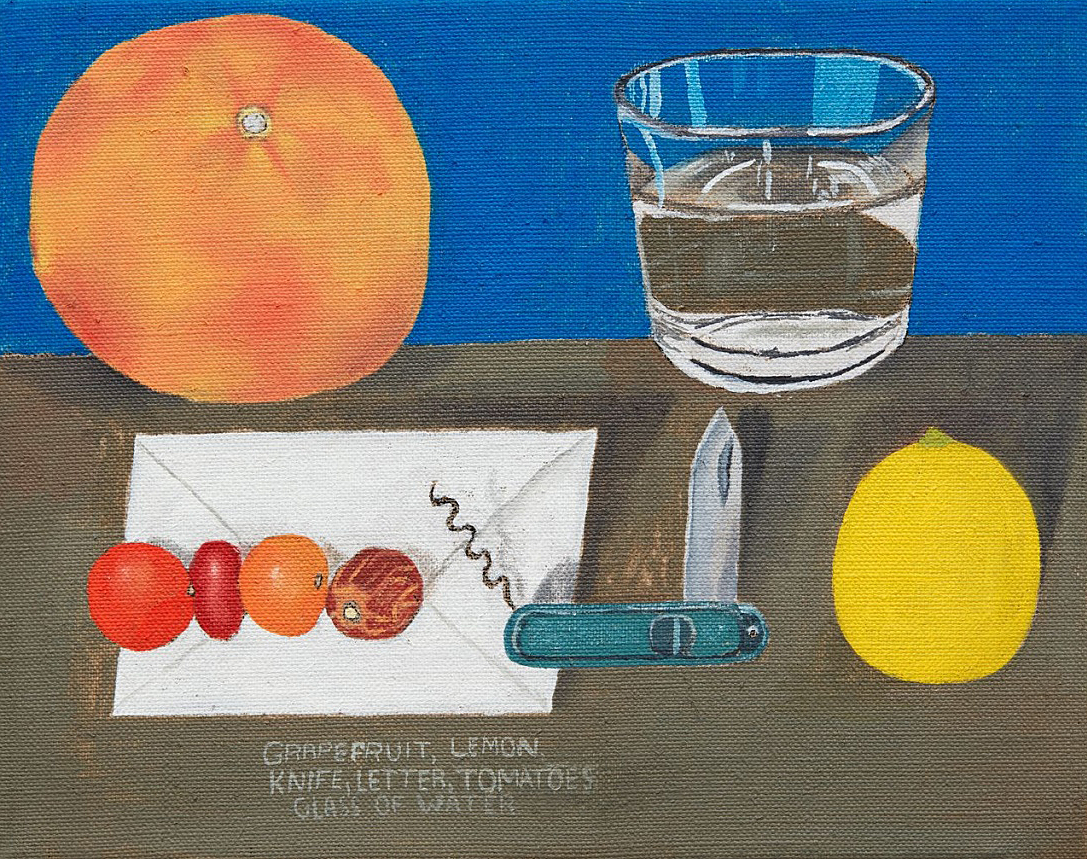 Michael Hilasman, Grapefruit, lemon, knife, letter, omatoes, glass of water, 2018