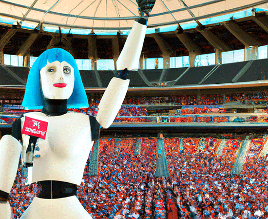 DALL.E2, Prompt: a socialist humanoid transgender robot campaigning in a large stadium full of people to be the USA president in 2040, 2022